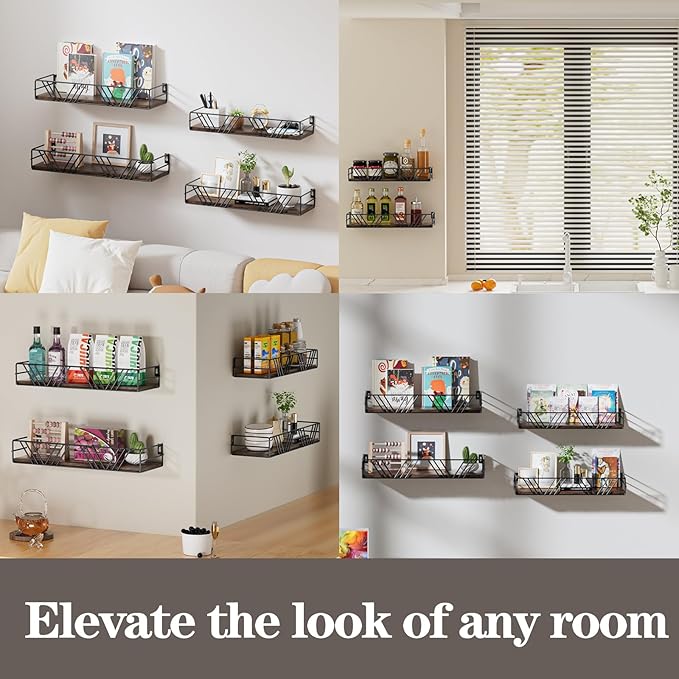 Floating Shelves for Wall Set of 4, Different Sizes Mounted Wood Floating Shelf, Wall Shelves for Living Room, Bedroom, Bathroom, Kitchen, Farmhouse Decor, Office