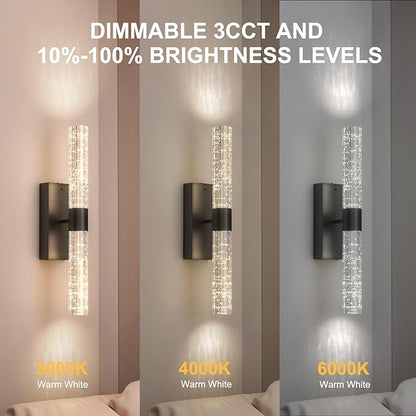 Crystal Battery Operated Wall Sconces Set of 2, Black Rechargeable Wireless Wall Light Fixtures with Remote Control, 3CCT and 12 RGB Dimmable Wall Lamps for Bedroom Living Room Hallway