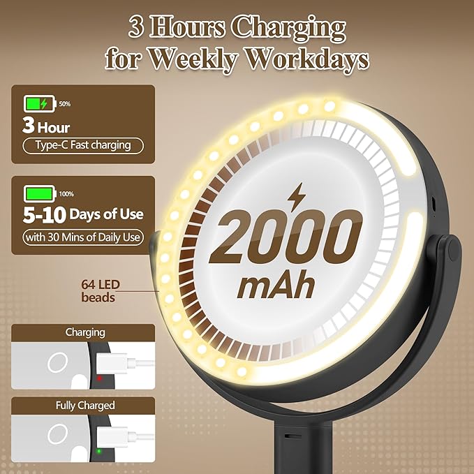 Makeup Mirror with Lights, Double Sided 1x/30x Magnifying Mirror with Light, Rechargeable 3 Color Lights and Adjustable Brightness, 360° Rotation Detachable Comes with Tweezer(Dark-30X)