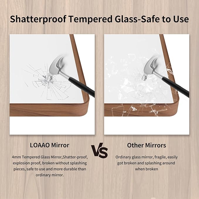 LOAAO 38X38 Inch Bathroom Mirror with Wood Grain Colored Metal Frame, Rounded Rectangle Metal Framed Bathroom Mirror, Anti-Rust, Hangs Horizontally or Vertically, Tempered Glass