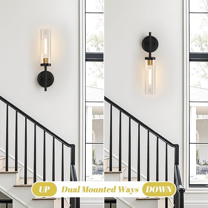 Wall Sconces Set of Two, Black and Gold Bathroom Sconces with Clear Glass, Hardwired Sconces Wall Decor Set of 2, Modern Wall Light Fixtures for Bathroom Mirror Living Room Bedroom Hallway