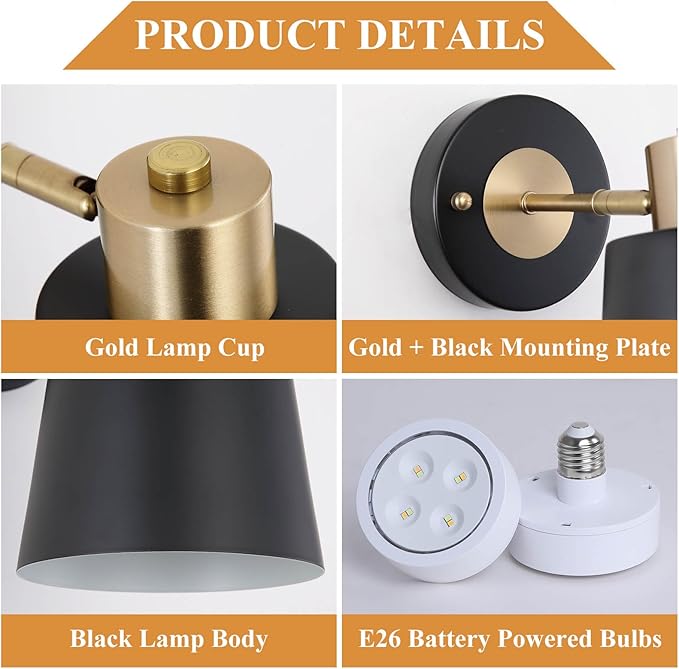 Battery Operated Wall Sconce Set of Two, Black and Gold Modern with Remote Control Dimmable Wall Lighting Indoor, Not Hardwired Led Wall Lamp Fixtures for Bedroom, Bulb Included