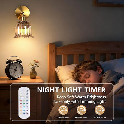 Vintage Battery Operated Wall Sconce with Amber Stripe Glass Lampshade Rechargeable Battery Powered Wall Light with Remote Control for Bedside Bedroom Bathroom, Set of 2