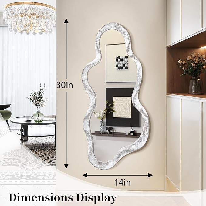 Asymmetrical Cloud Wavy Mirror - Large Irregular Wall Mirror with Modern Wood Frame - Decorative for Bedroom, Living Room, Bathroom, Entryway - White