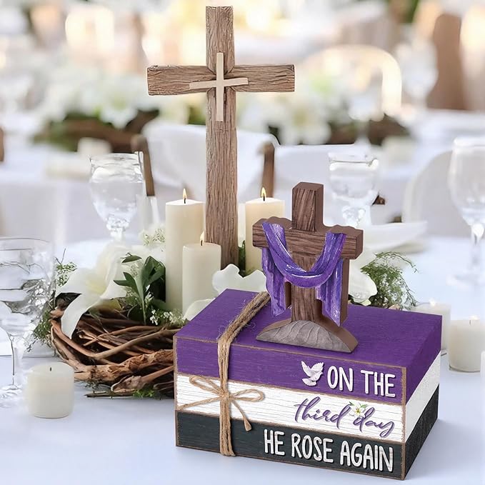 Geelin 4 Pcs Easter Lent Decorations for home, He Is Risen Wooden Sign Christian Tabletop with Cross and Scripture Theme for Table, Tiered Tray, Desk, Shelf, Faith Spring Decor