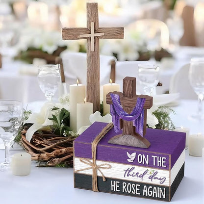 Geelin 4 Pcs Easter Lent Decorations for home, He Is Risen Wooden Sign Christian Tabletop with Cross and Scripture Theme for Table, Tiered Tray, Desk, Shelf, Faith Spring Decor