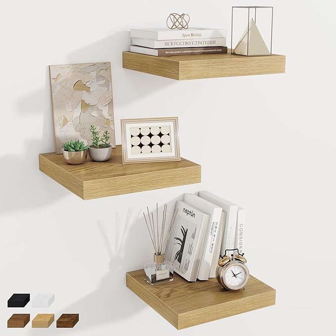 Fun Memories 12 Inch Square Floating Shelves 3 Pack - Wall Shelves with Invisible Brackets, Small Floating Shelves for Wall, Oak Wood Shelves for Bathroom, Living Room, Bedroom, and Kitchen Decor