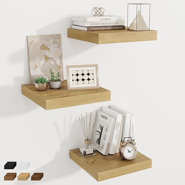 Fun Memories 12 Inch Square Floating Shelves 3 Pack - Wall Shelves with Invisible Brackets, Small Floating Shelves for Wall, Oak Wood Shelves for Bathroom, Living Room, Bedroom, and Kitchen Decor