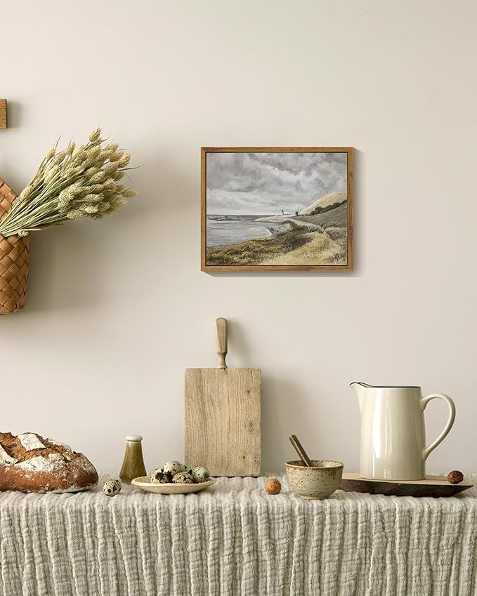 SHENIFY Coastal Framed Canvas Wall Art Vintage Landscape Seascape Classic Hallway Kitchen Office Decor - 8x10in Natural Framed