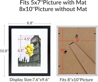 8x10 Picture Frame Set of 9, Display Pictures 5x7 with Mat or 8x10 without Mat, Multi Collage Gallery Square Photo Frames for Wall or Tabletop, Black