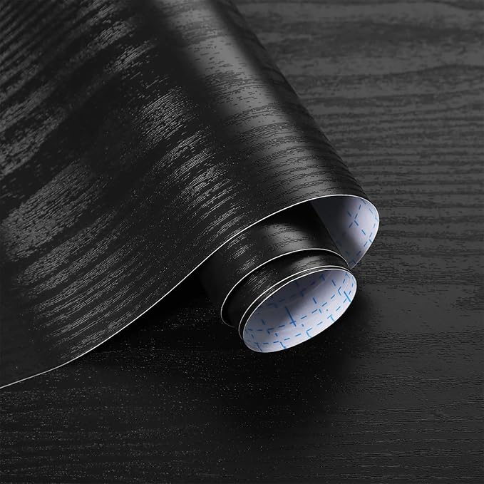 Ismoon Black Contact Paper Peel and Stick Wallpaper 17.5''x472''Wood Grain Contact Paper for Cabinets and Drawers Removable Self-Adhesive Modern Renter Friendly Wallpaper for Desk Countertops Vinyl
