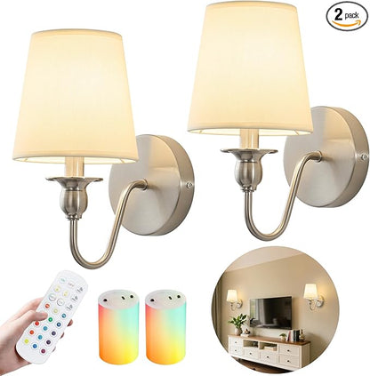 Battery Operated Wall Sconces set of Two,Rechargeable Wall Sconce with 1000mAh Dimmable Bulb and Remote,LED 15 Colors Wireless Battery Powered Wall Sconce with Fabric for Bedroom Living Room (Nickel)