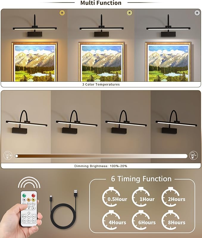 JOOSENLUX Wireless Picture Light - Battery Operated Black Wall Light with Remote Control - Dimmable Timer - 15.94” Display - Flexible Neck Swing Arm - Art Gallery Light