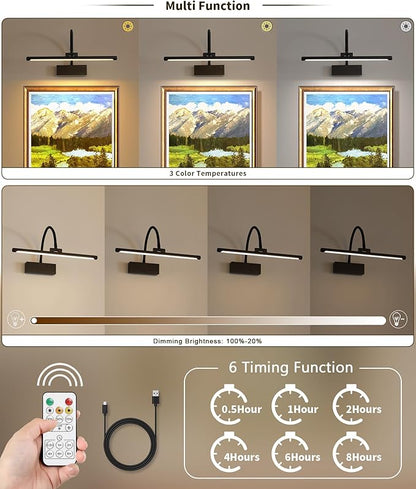 JOOSENLUX Wireless Picture Light - Battery Operated Black Wall Light with Remote Control - Dimmable Timer - 15.94” Display - Flexible Neck Swing Arm - Art Gallery Light