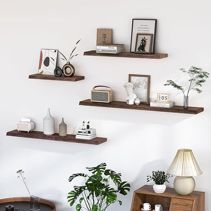 Fun Memories Floating Shelves for Wall, 55"x9.3" Rustic Solid Live-Edge Elm Wood Wall Shelves, Heavy-Duty Floating Shelves with Invisible Brackets for Living Room, Bedroom, and Kitchen, Walnut Finish
