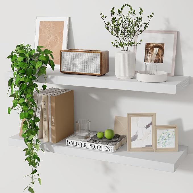 Marsmiles Wood Floating Shelves for Wall Set of 2, 24 Inch Wide Rustic Wooden Floating Shelves, Invisible Wall Mounted Display for Living Room Bedroom Kitchen Bathroom Office, White