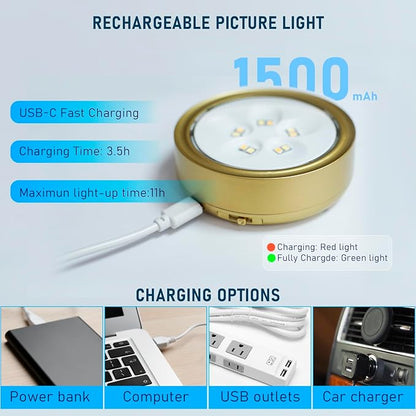 3 Pack Gold Picture Lights for Wall, Rechargeable Battery Operated Picture Frame Lights, LED Wall Light for Pictures with 3 Lighting Modes,Magnetic Art Display Light with Remote Dimmable Timer