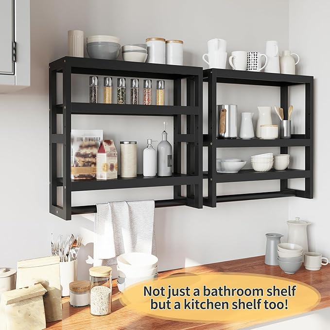 Bathroom Shelves with Hanging Bar Over Toilet Storage - Adjustable Wall Organizer (Black)