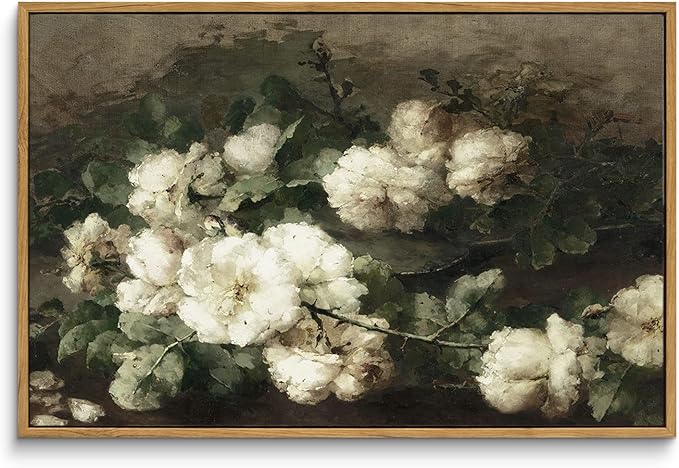 InSimSea Framed Canvas Wall Art Vintage Decor, Room Decor White Roses Still Life Paintings Canvas Print, Mid Century Modern Decor for Living Room, Bathroom Farmhouse Kitchen, 16
