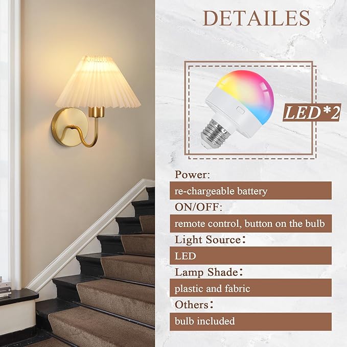 ADISUN Wall Sconces Sets of 2 RGB Battery Operated Wall Sconces for Bedroom Dresser Classic Golden Wall Lamp with Remote for Living Room Bathroom Dining Room Corridor Staircase (2 Bulbs Included)
