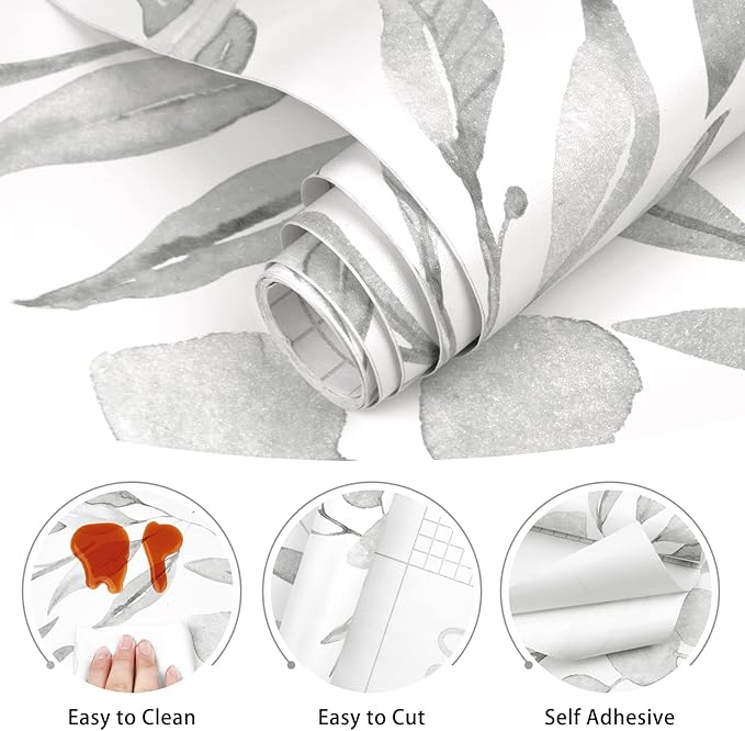 WENMER Gray Leaf Wallpaper Floral Peel and Stick Wallpaper 17.7