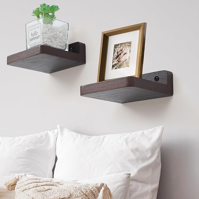 Small Floating Shelf, 4x4 Inch Display Ledges for Wall,Mini Shelves,Rustic Wood Shelf for Bedroom Living Room Bathroom Kitchen (8, Dark Walnut)