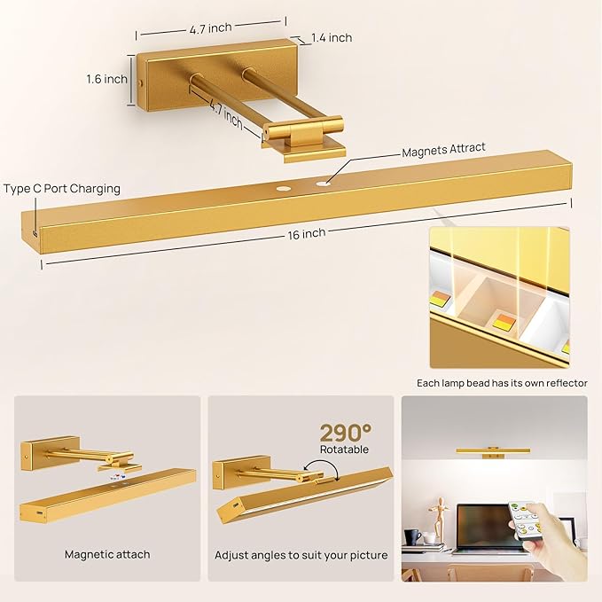 PESUTEN Picture Light Battery Operated, 16in Wireless Art Light for Paintings CCT Dimmable Recharging Battery Picture Light with Remote Control for Gallery Dartboard Art Bedroom Bathroom Gold