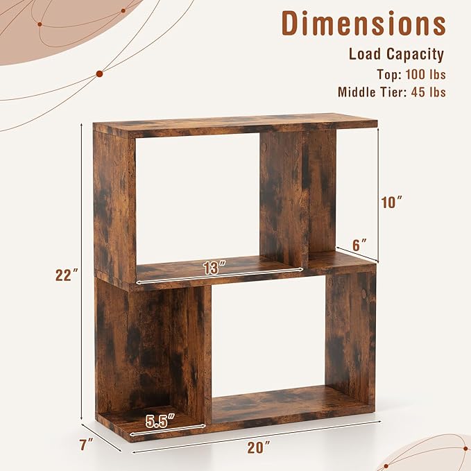 Tangkula 3 Tier Geometric Bookshelf, S Shaped Open Bookcase with Storage, Home Office Decor, Freestanding Wood Display Shelf for Living Room Study, Small Bookshelf for Small Spaces (2, Rustic Brown)