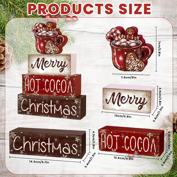 DIYDEC 4Pcs Christmas Wooden Tabletop Decoration Hot Cocoa Wooden Block Signs Gift Rustic Xmas Tiered Tray Decor Merry Christmas Centerpiece Sign Farmhouse Winter Table Home Party Decor