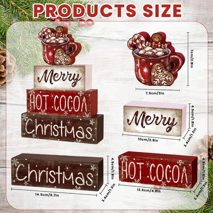 DIYDEC 4Pcs Christmas Wooden Tabletop Decoration Hot Cocoa Wooden Block Signs Gift Rustic Xmas Tiered Tray Decor Merry Christmas Centerpiece Sign Farmhouse Winter Table Home Party Decor