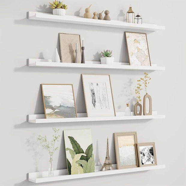 Fun Memories Picture Ledge Shelf for Wall, Floating Shelves Set of 4, 36 Inch Long Nursery Book Shelves for Toys Storage, Kids Bookshelf Wall Mounted for Books Photo Frames, White