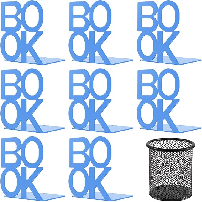 Book Ends - Decorative Metal Book Ends Supports for Bookrack Desk,Books, Unique Appearance Design,Heavy Duty (Blue, 4 Pair)