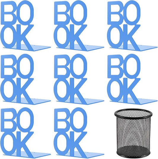 Book Ends - Decorative Metal Book Ends Supports for Bookrack Desk,Books, Unique Appearance Design,Heavy Duty (Blue, 4 Pair)