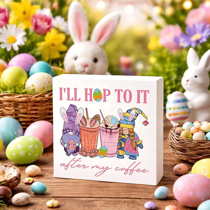 Easter Decorations I'll Hop To It After My Coffee Wooden Box Sign, Funny Bunny Spring Coffee Bar Decor, Farmhouse Easter Desk Shelf Tiered Tray Decor for Home Office 5x5 Inch