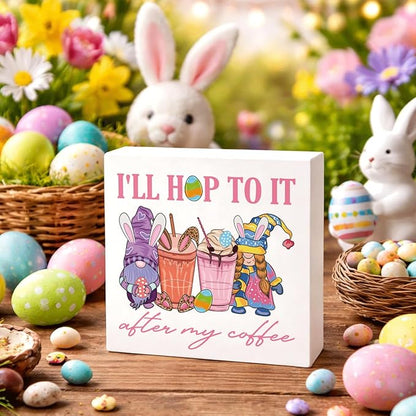Easter Decorations I'll Hop To It After My Coffee Wooden Box Sign, Funny Bunny Spring Coffee Bar Decor, Farmhouse Easter Desk Shelf Tiered Tray Decor for Home Office 5x5 Inch