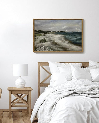 SHENIFY 16x24in Large Vintage Landscape Seascape Framed Canvas Wall Art Seaside Coastal Scenery Classic Hallway Bathroom Office Decor - Natural Framed