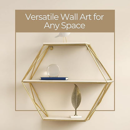 Geometric Decorative Wall Shelf with Gold Finish – 3-Tier Metal & Wood Home Decor Floating Display Shelf – Modern Wall Shelves for Bathroom, Bedroom & Living Room – 24"