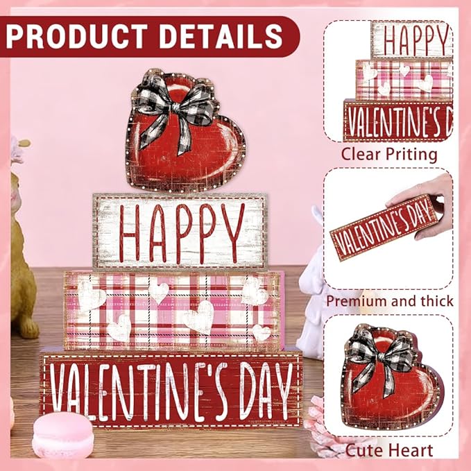 DIYDEC 4Pcs Valentine's Day Table Decoration Valentine Heart Wooden Block Signs Rustic Valentines Tiered Tray Decor Happy Valentine's Day Centerpiece Sign for Farmhouse Holiday Tabletop Party Decor