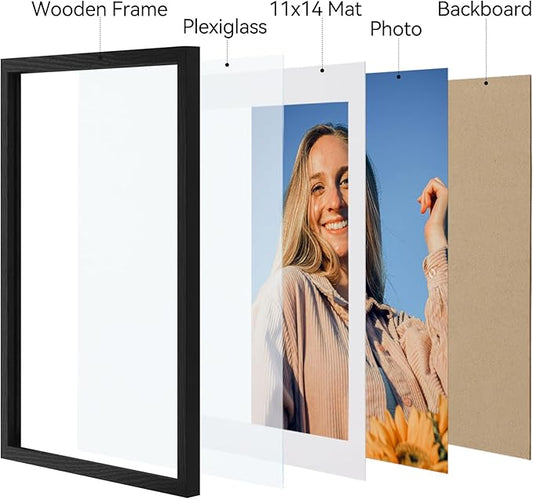 Vittanly 12x16 Picture Frames Set of 4, Display Pictures 11x14 with Mat or 12x16 without Mat, Gallery Wall Frame Set for Wall Mounting, Engineered Wood with Shatter Resistant Plexiglass, Black