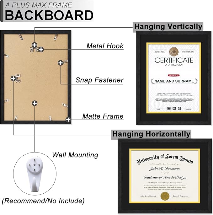 A PLUS MAX 11x14 Diploma Frame Display 8.5 x 11 Certificate with Black & Gold Mat, Engineered Wood Document Frame with Black Wood Grain for Masters Associates Bachelor Degree - 1 Pack