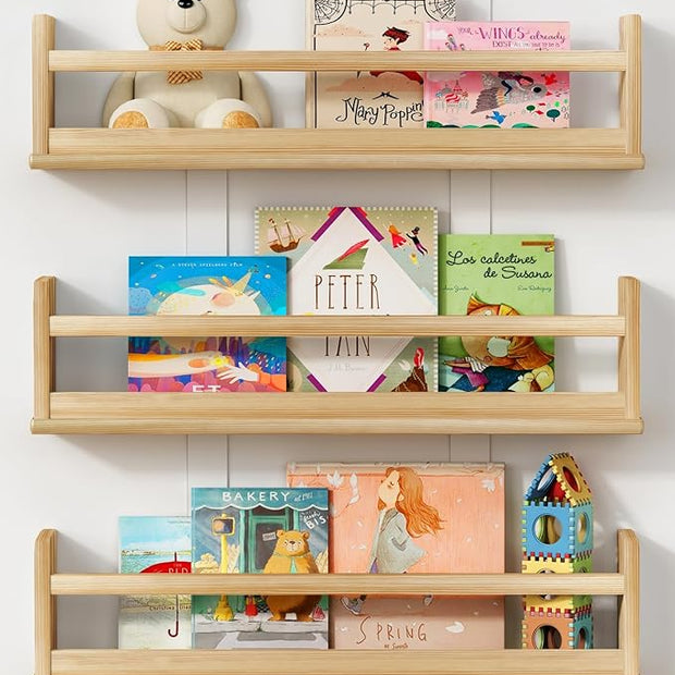 Natural Wood Wall Bookshelf for Kids Bedroom Set of 3, 24 Inch Wooden Floating Nursery Book Shelves for Baby Boy Girl Room, Wall Mounted Toddler Book Shelf for Toy Organizers and Storage