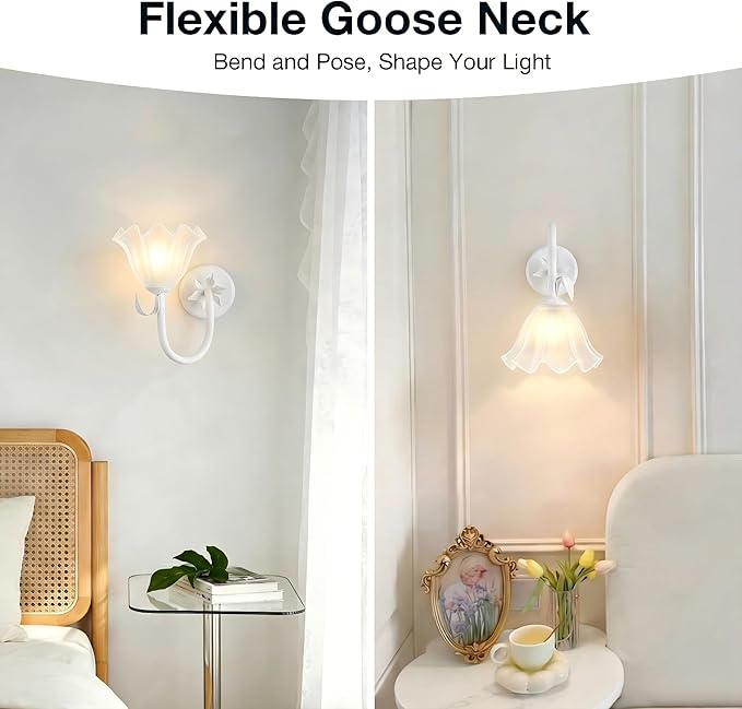 Battery Operated Cordless Flower Wall Sconce Set of 2 (White), Stepless Dimming Magnetic Wireless Wall Lamp, 5200mAh Rechargeable Battery, for Living Room Bedroom Hallway Corridor