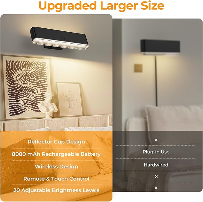 MOITA Battery Operated Wall Sconce Set of 2 Wireless Wall Lamp with Remote Control & Touch Control Rechargeable LED Wall Lights 3 Color Temperatures 360° Rotatable for Bedroom Living Room Black