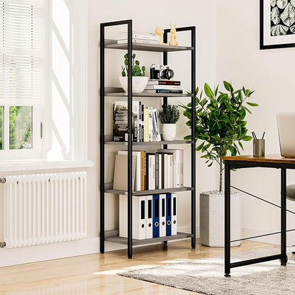 NUMENN Bookshelf, 5 Tier Bookshelves, Home Office Bookcase Shelf Storage Organizer, Free Standing Storage Shelving Unit for Bedroom, Living Room and Home Office, Grey