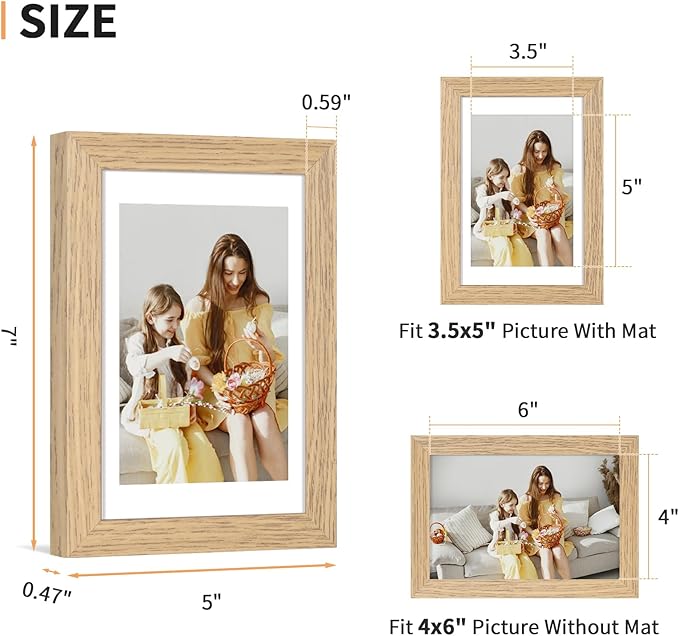 4x6 Picture Frame Set of 4, Displays 3.5x5 with Mat or 4x6 Without Mat, Photo Frames for Wall Hanging or Tabletop, Includes HD Plexiglass, Light Wood Grain