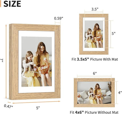 4x6 Picture Frame Set of 4, Displays 3.5x5 with Mat or 4x6 Without Mat, Photo Frames for Wall Hanging or Tabletop, Includes HD Plexiglass, Light Wood Grain