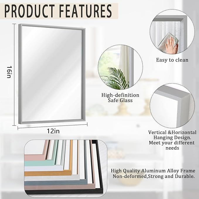 AAZZKANG Grey Wall Mirror Decorative Metal Framed Mirrors Modern for Bedroom Bathroom Dressing Room Home Entrancce Decor Rectangular