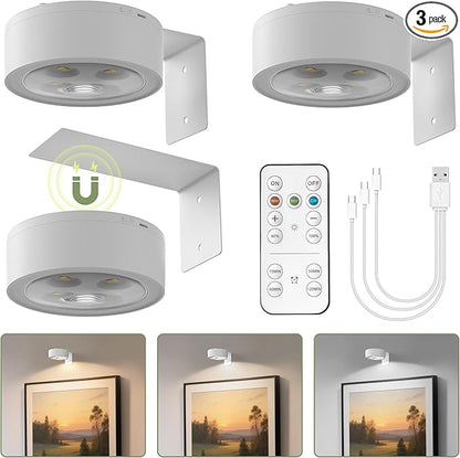 L LOHAS LED White Picture Lights for Wall, 3 Pack Rechargeable LED Picture Light Battery Operated with Remote＆Timer, Dimmable Poster Light for Paintings, Portraits, Art Frames, 3 Color