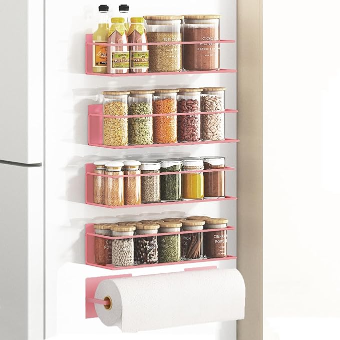 Magnetic Spice Rack For Refrigerator Magnetic Fridge Shelf For Kitchen Spice Organizer Magnetic Shelf For Fridge Space Saving Pink 4 Pack