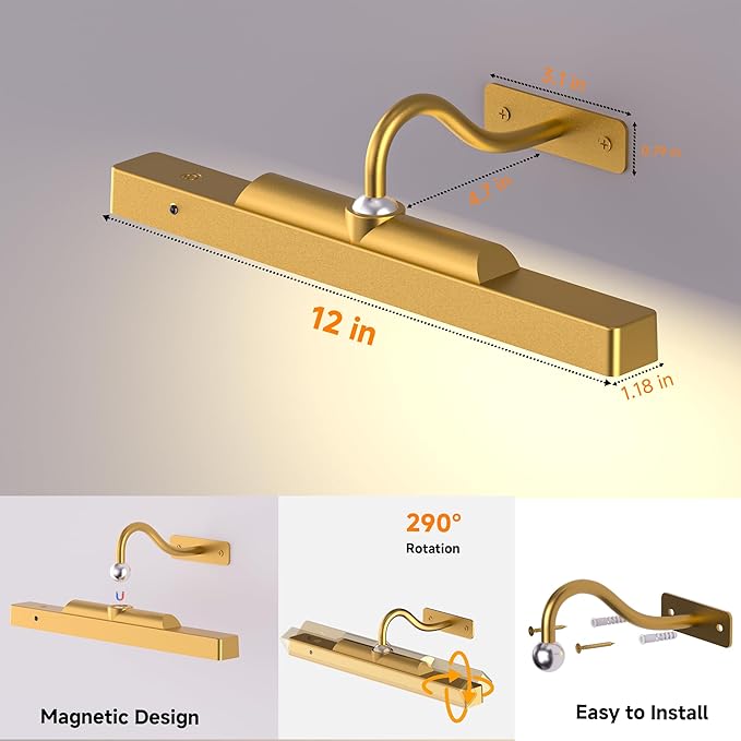 Gallery Picture Light for Wall, 4400mAh Brass Cordless Wireless LED Wall Sconce,Rechargeable Remote Dimmable Lighting for Modern Hallway Living Room Wall Decor(12 in, 2 Pack)